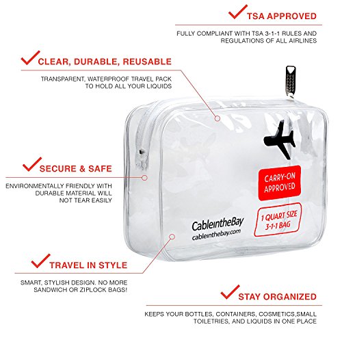 TSA Approved Clear Travel Toiletry Bag-Quart Sized with Zipper-Airport Airline Compliant Bag/Bottles-Men's/Women's 3-1-1 Kit+Travel (3 PACK)