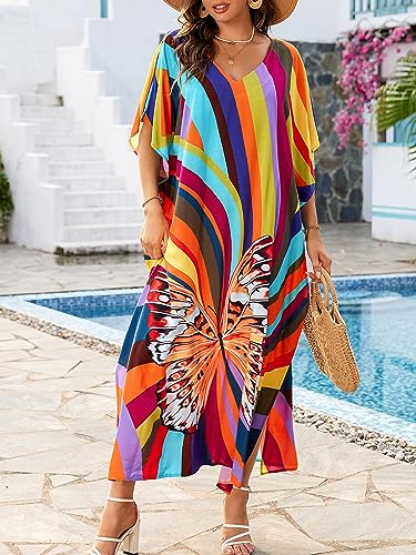 Chunoy Women V Neck Kaftan Casual Bathing Suit Kimono Sleeve Side Split Beach Cover Up Caftan Dress
