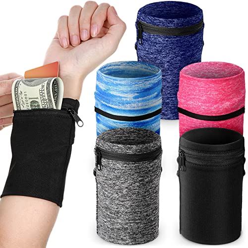 Honoson 5 Pcs Wrist Wallet for Women Men, Zipper Wrist Pouch Purse for Running Wristband Sweatband Wallet for Running Walking Hiking Jogging Travel Events Keys Cash Napkin