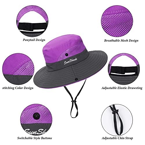 Women's Outdoor UV-Protection-Foldable Sun-Hats Mesh Wide-Brim Beach Fishing Hat with Ponytail-Hole