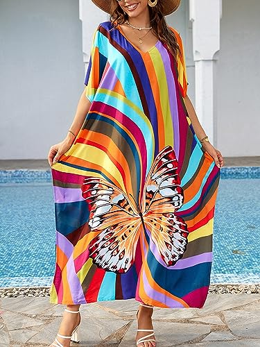Chunoy Women V Neck Kaftan Casual Bathing Suit Kimono Sleeve Side Split Beach Cover Up Caftan Dress