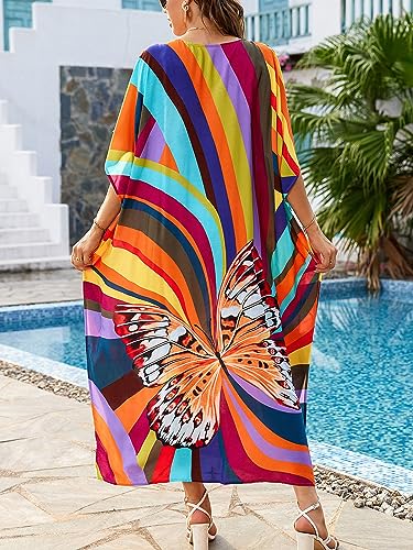 Chunoy Women V Neck Kaftan Casual Bathing Suit Kimono Sleeve Side Split Beach Cover Up Caftan Dress