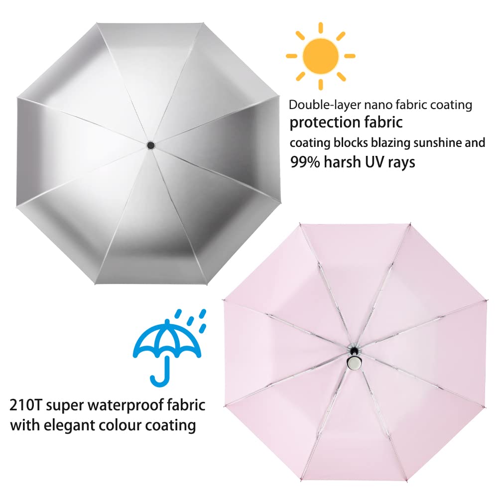 FDJASGY Silver Coating Layer Fabric Blocking UV 99.9% Sun Umbrella Compact Folding Travel Umbrella Automatic Windproof Umbrellas For Men and Women (Pink)
