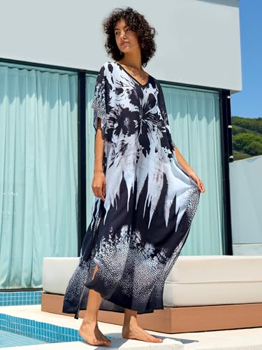 Chunoy Women V Neck Kaftan Casual Bathing Suit Kimono Sleeve Side Split Beach Cover Up Caftan Dress
