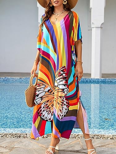 Chunoy Women V Neck Kaftan Casual Bathing Suit Kimono Sleeve Side Split Beach Cover Up Caftan Dress