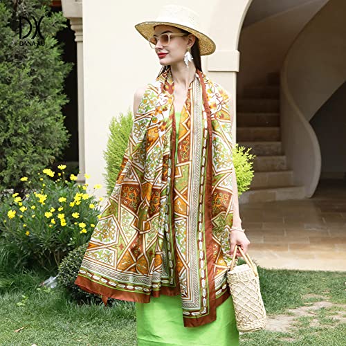 DANA XU 100% Mulberry Satin Silk Summer Travel Scarf Extra Large Women Floral Shawl Oversize Soft Wraps For Evening Dresses