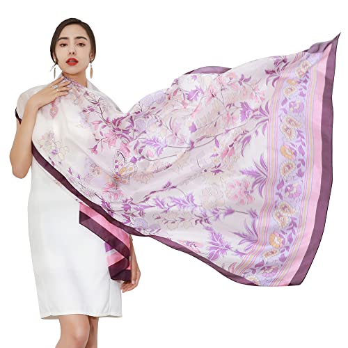 DANA XU 100% Mulberry Satin Silk Summer Travel Scarf Extra Large Women Floral Shawl Oversize Soft Wraps For Evening Dresses