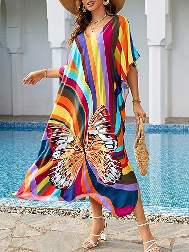 Chunoy Women V Neck Kaftan Casual Bathing Suit Kimono Sleeve Side Split Beach Cover Up Caftan Dress