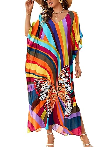Chunoy Women V Neck Kaftan Casual Bathing Suit Kimono Sleeve Side Split Beach Cover Up Caftan Dress