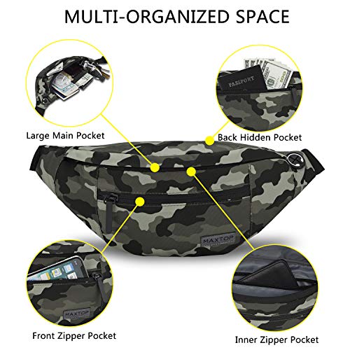 MAXTOP Large Crossbody Fanny Pack with 4-Zipper Pockets,Gifts for Enjoy Sports Festival Workout Traveling Running Casual Hands-Free Wallets Waist Pack Phone Bag Carrying All Phones