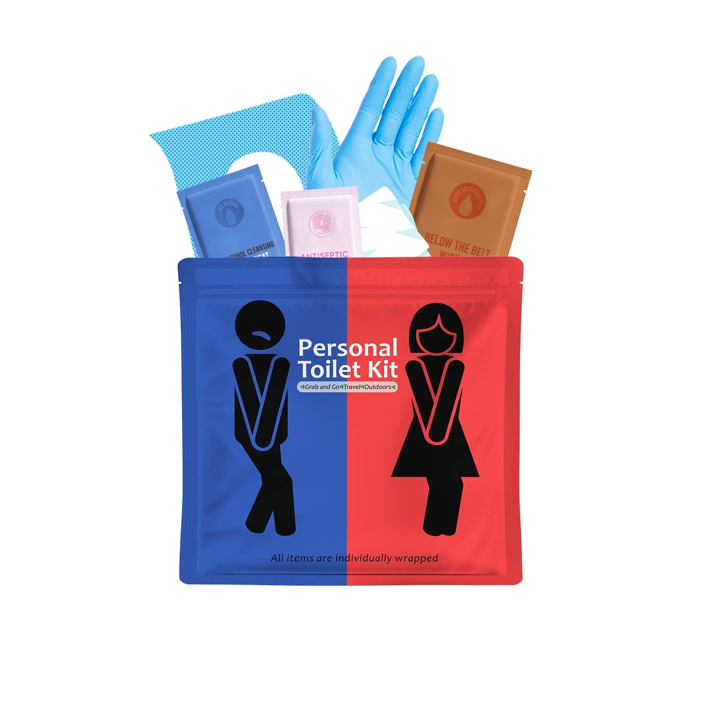 Public Restroom Kit: Pack of On-The-Go Bathroom Kits with Toilet Paper for Travel - Public Toilet Survival Kit Including Gloves, Wipes, Seat Covers in Zip Top Bag