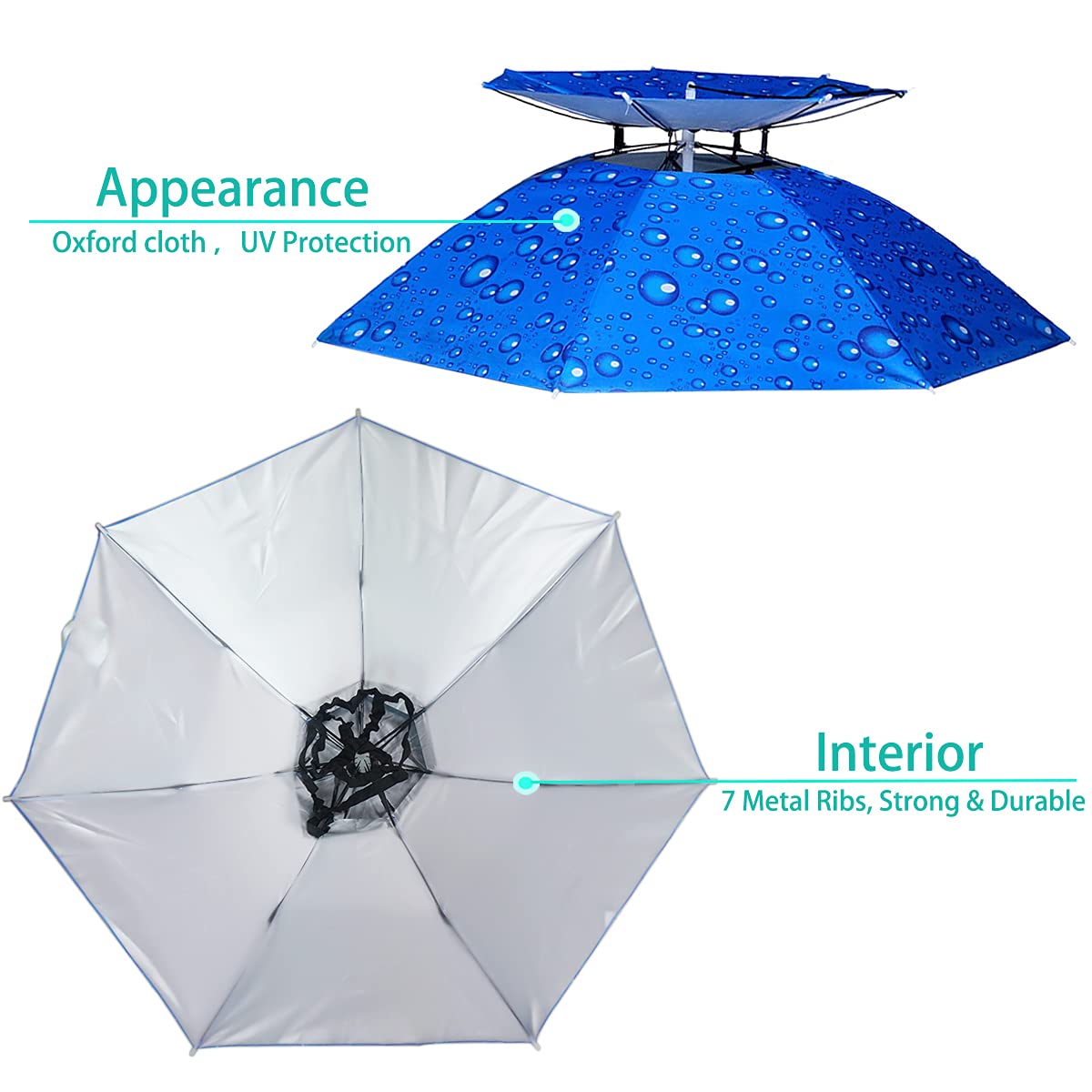 Umbrella Hat, 37 inch Fishing Umbrella Hat Hands Free Foldable UV Protection Umbrella Cap Adjustable Headwear for Fishing Golf Camping Beach Gardening Sunshade Outdoor