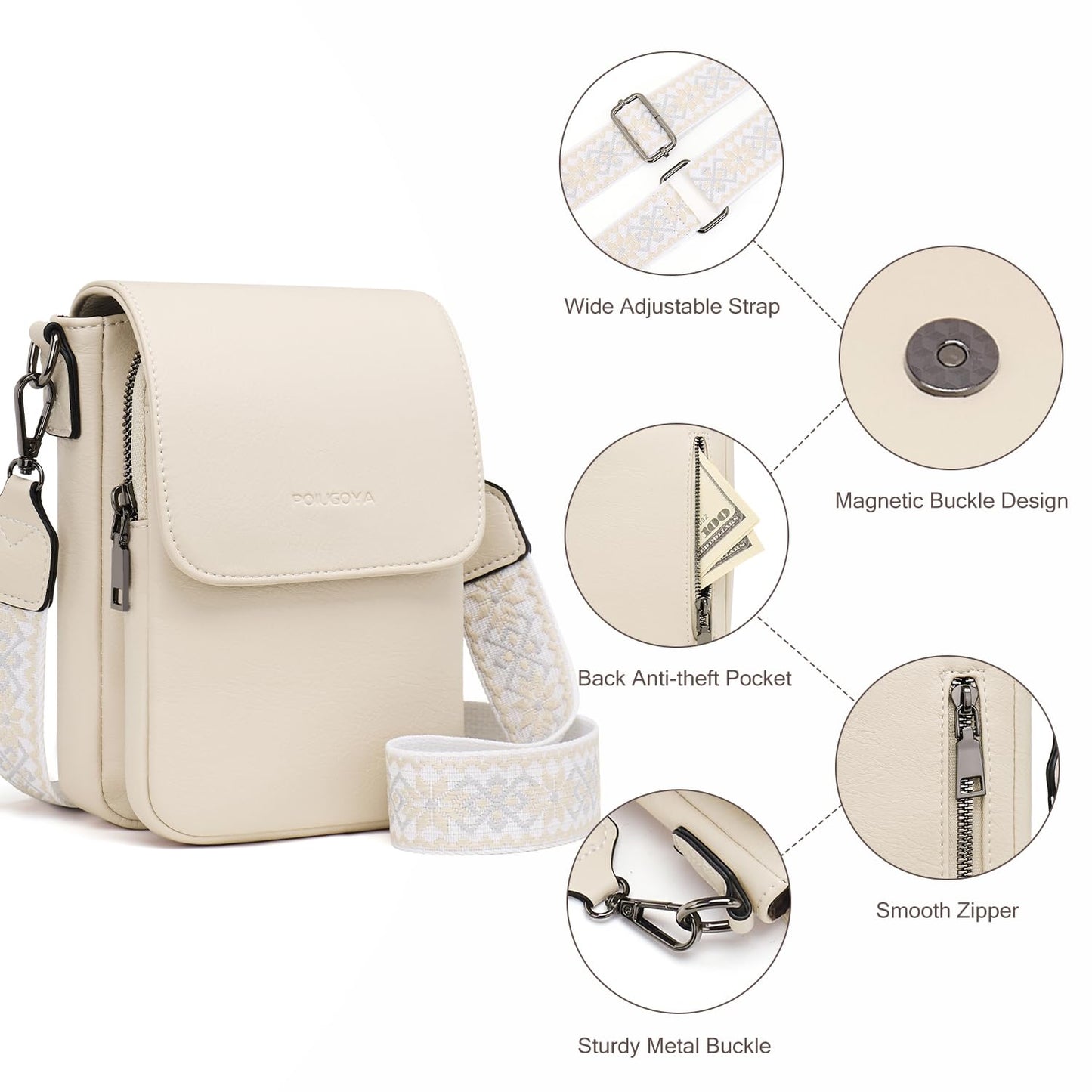 POIUGOYA Small Crossbody Bags for Women Trendy,Leather Triple Compartment Cell Phone Crossbody Wallet Purses with Card Slots