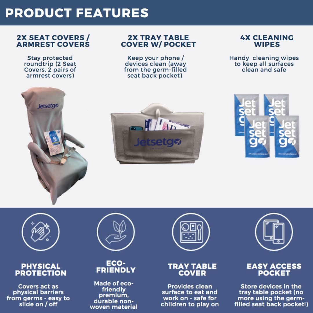 Jetsetgo Travel Safety Kit (2 Full Sets) Airplane Seat Covers, Armrest and Tray Table Covers with Pockets with 4 Cleaning Wipes