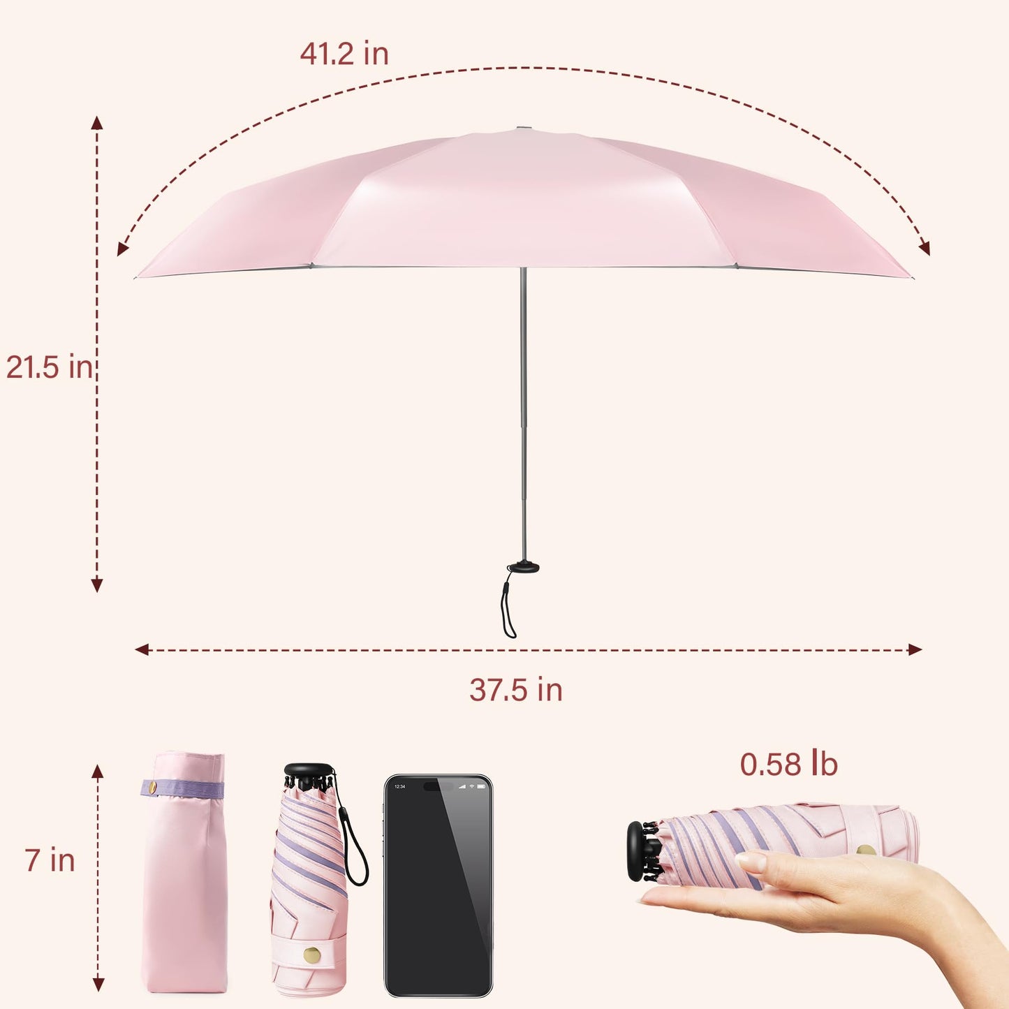 UV Blocker Mini Purse Travel Umbrella, Lightweight Portable Compact Pocket Umbrella with UPF50+ Protection & Windproof Design, Small Sun & Rain