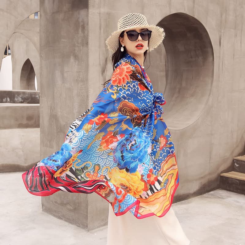 DANA XU 100% Mulberry Satin Silk Summer Travel Scarf Extra Large Women Floral Shawl Oversize Soft Wraps For Evening Dresses