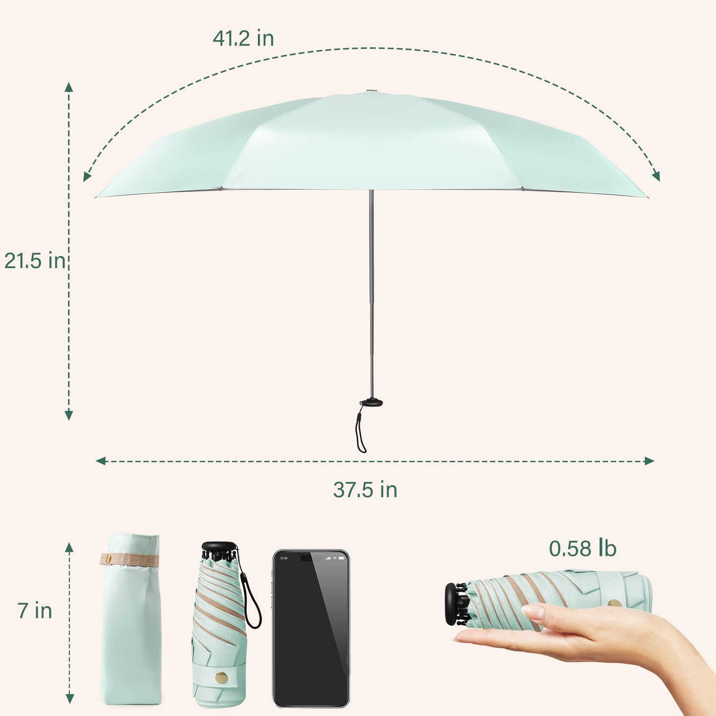UV Blocker Mini Purse Travel Umbrella, Lightweight Portable Compact Pocket Umbrella with UPF50+ Protection & Windproof Design, Small Sun & Rain
