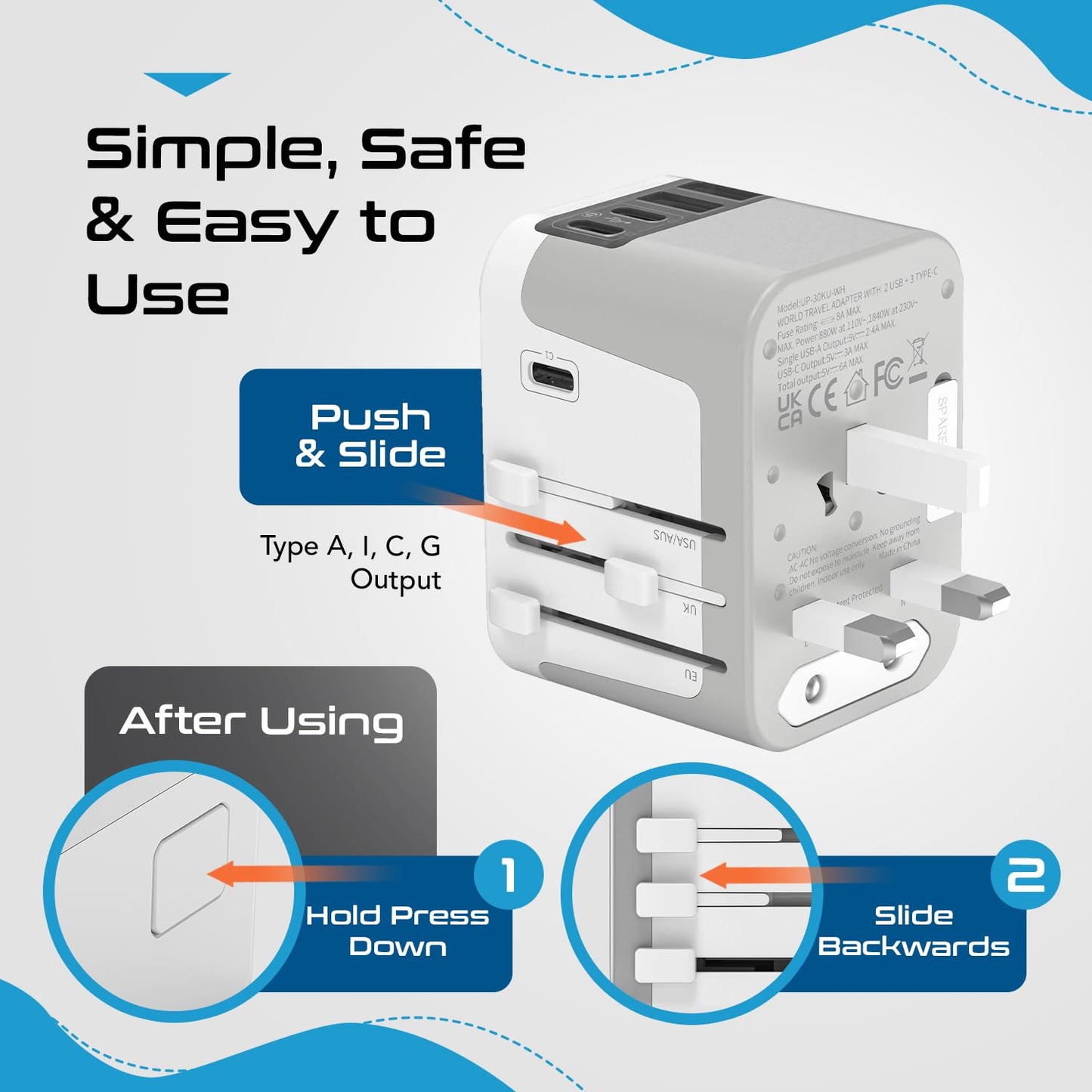 Ceptics Universal Travel Adapter Kit - 2 USB, USB-C Cord+2 US Outlets QC 3.0, Surge Protection, Plugs for Europe, UK, China, Australia, Japan - Perfect for Laptop, Cell Phones, Cameras,Safe ETL Tested