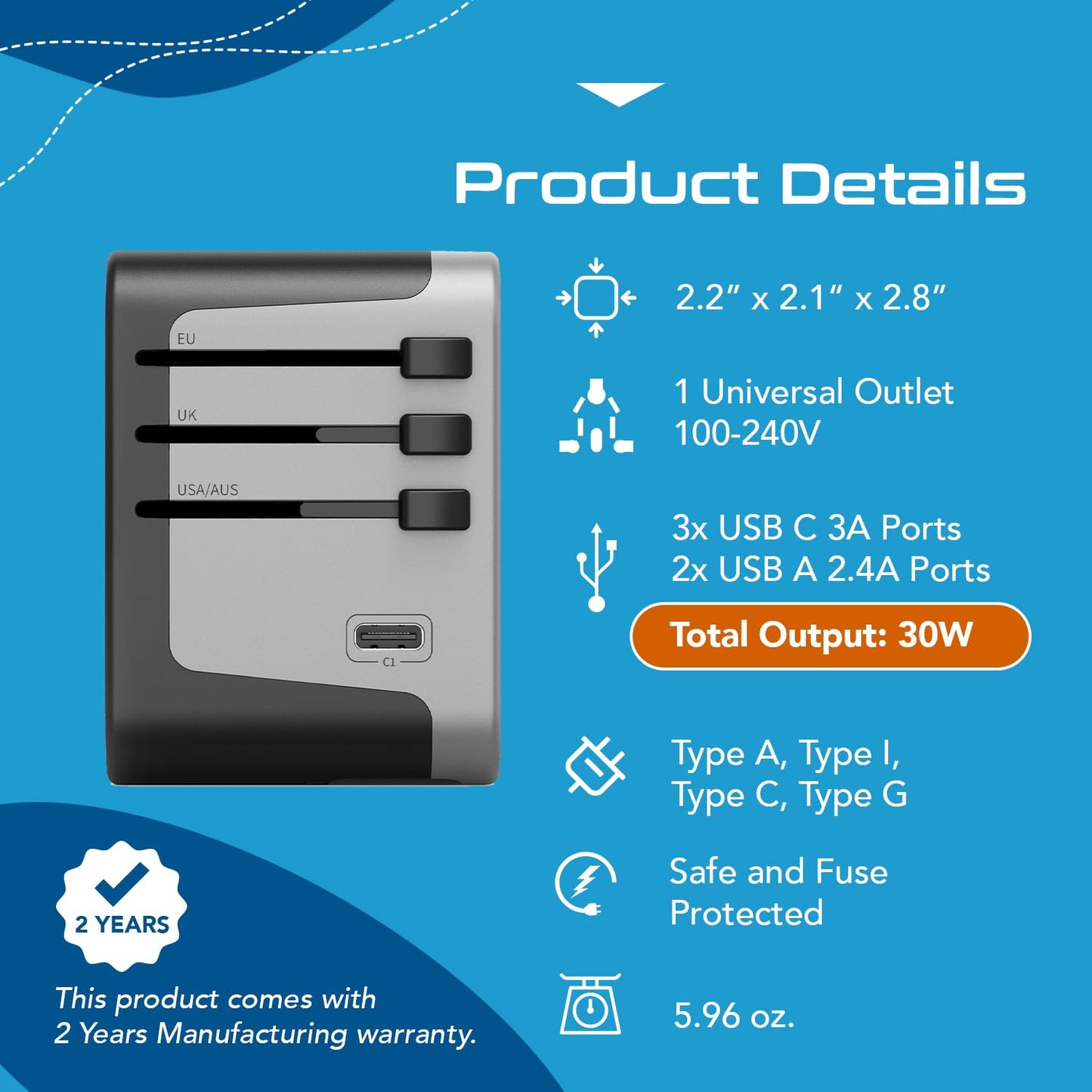 Ceptics Universal Travel Adapter Kit - 2 USB, USB-C Cord+2 US Outlets QC 3.0, Surge Protection, Plugs for Europe, UK, China, Australia, Japan - Perfect for Laptop, Cell Phones, Cameras,Safe ETL Tested