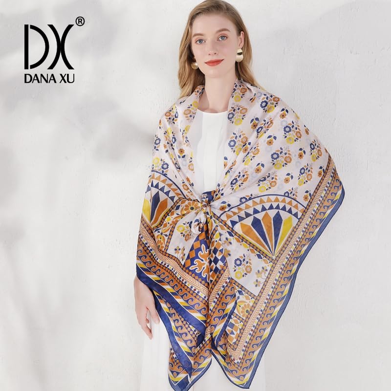DANA XU 100% Mulberry Satin Silk Summer Travel Scarf Extra Large Women Floral Shawl Oversize Soft Wraps For Evening Dresses