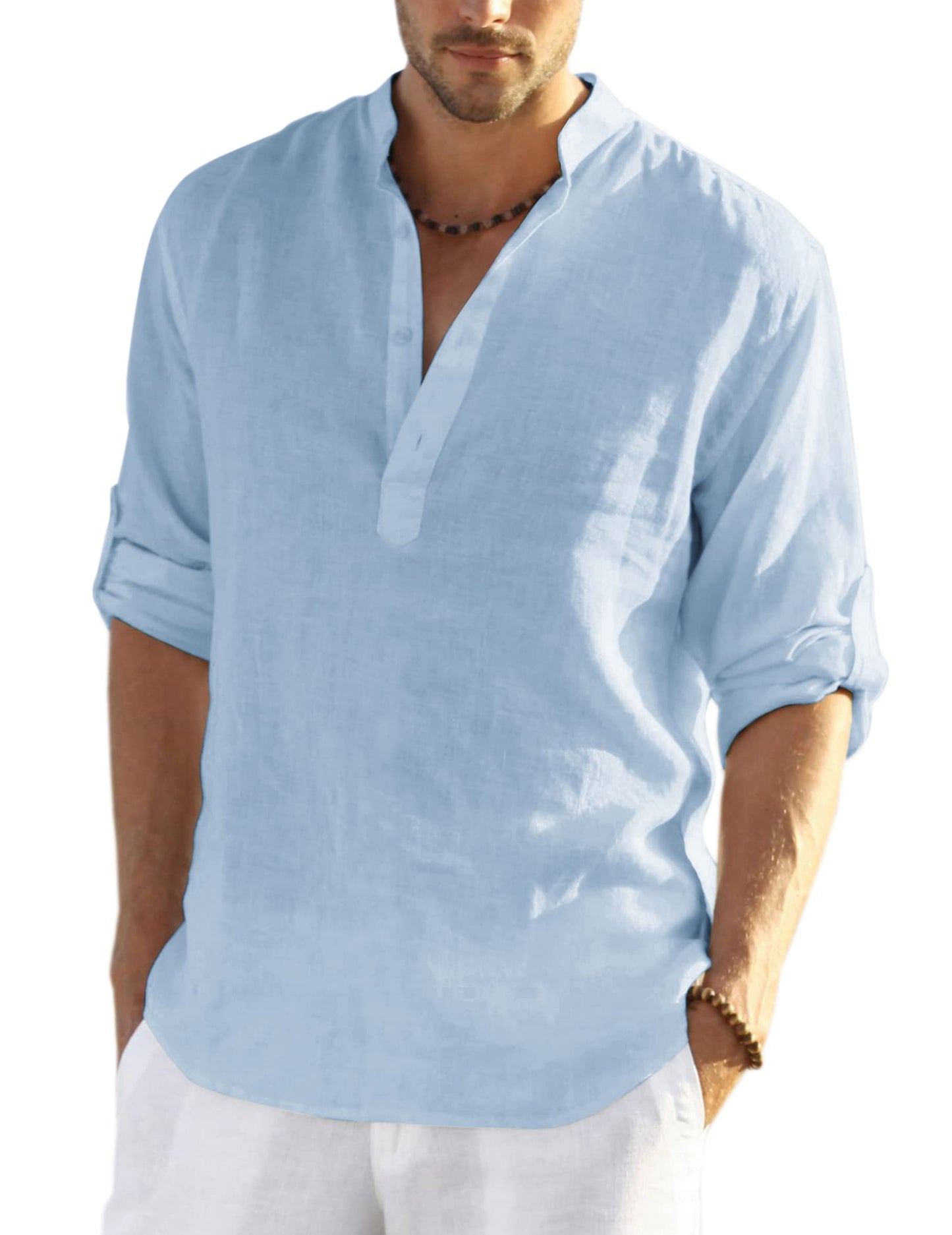 COOFANDY Men's Cotton Linen Henley T-Shirts Long Sleeve Hippie Casual Beach T-Shirts