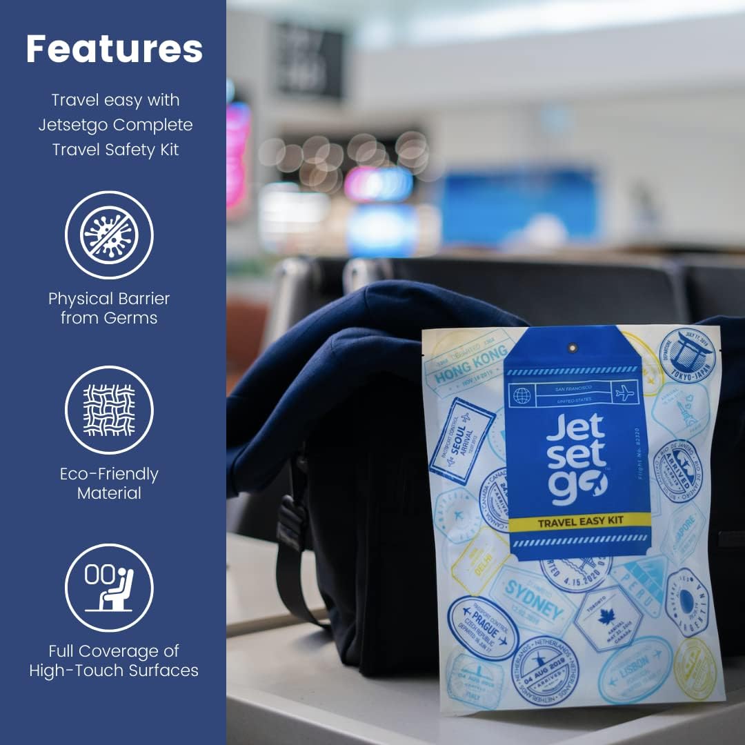 Jetsetgo Travel Safety Kit (2 Full Sets) Airplane Seat Covers, Armrest and Tray Table Covers with Pockets with 4 Cleaning Wipes