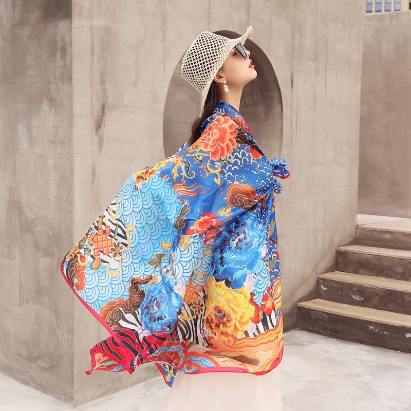 DANA XU 100% Mulberry Satin Silk Summer Travel Scarf Extra Large Women Floral Shawl Oversize Soft Wraps For Evening Dresses