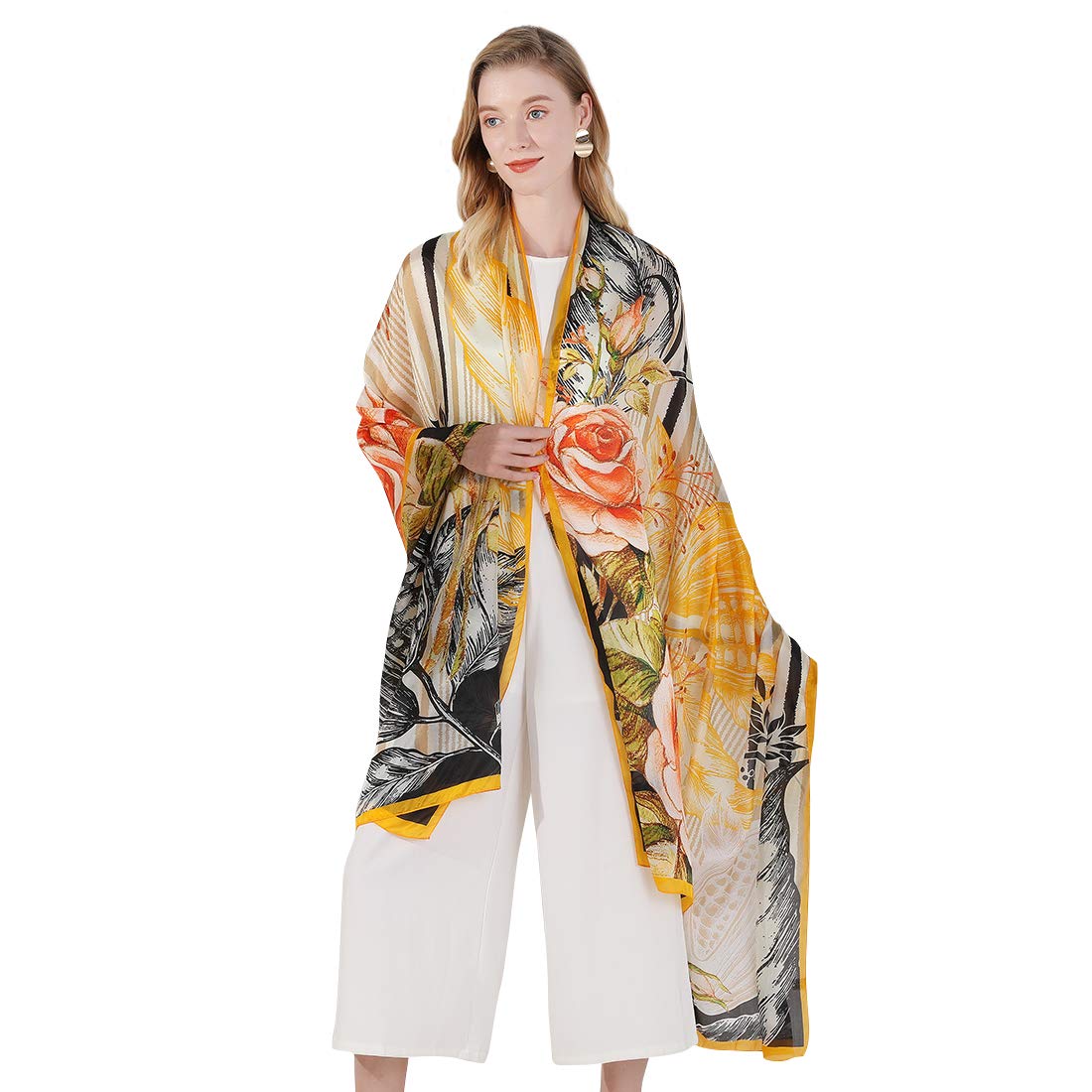 DANA XU 100% Mulberry Satin Silk Summer Travel Scarf Extra Large Women Floral Shawl Oversize Soft Wraps For Evening Dresses
