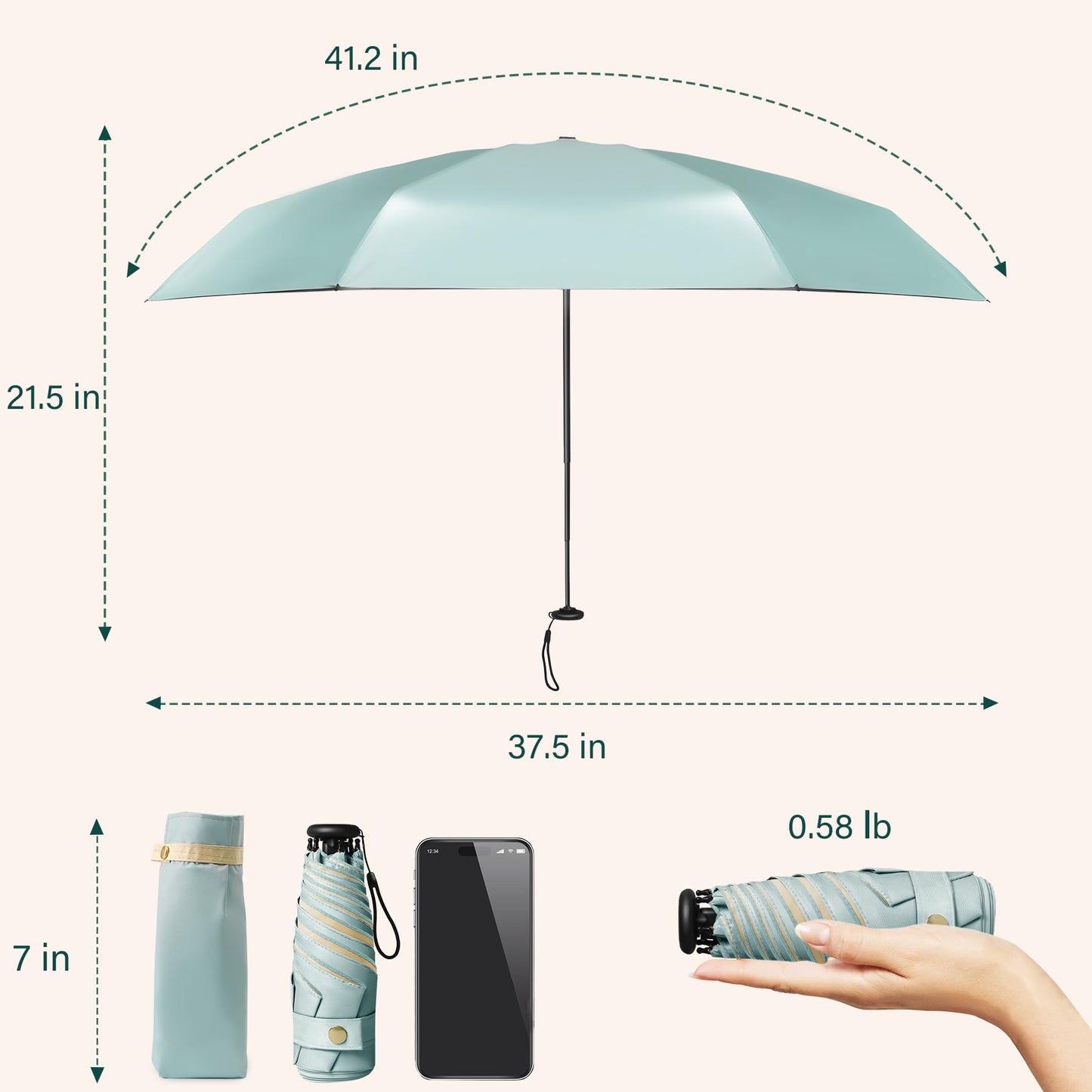 UV Blocker Mini Purse Travel Umbrella, Lightweight Portable Compact Pocket Umbrella with UPF50+ Protection & Windproof Design, Small Sun & Rain