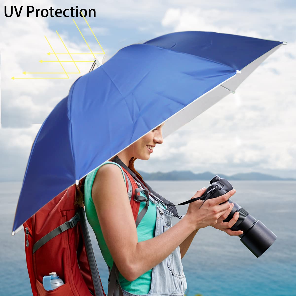 Umbrella Hat, 37 inch Fishing Umbrella Hat Hands Free Foldable UV Protection Umbrella Cap Adjustable Headwear for Fishing Golf Camping Beach Gardening Sunshade Outdoor