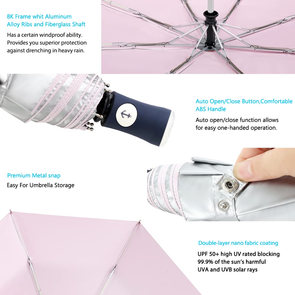 FDJASGY Silver Coating Layer Fabric Blocking UV 99.9% Sun Umbrella Compact Folding Travel Umbrella Automatic Windproof Umbrellas For Men and Women (Pink)