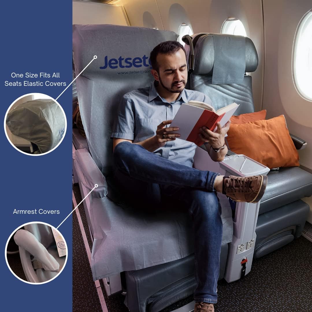 Jetsetgo Travel Safety Kit (2 Full Sets) Airplane Seat Covers, Armrest and Tray Table Covers with Pockets with 4 Cleaning Wipes