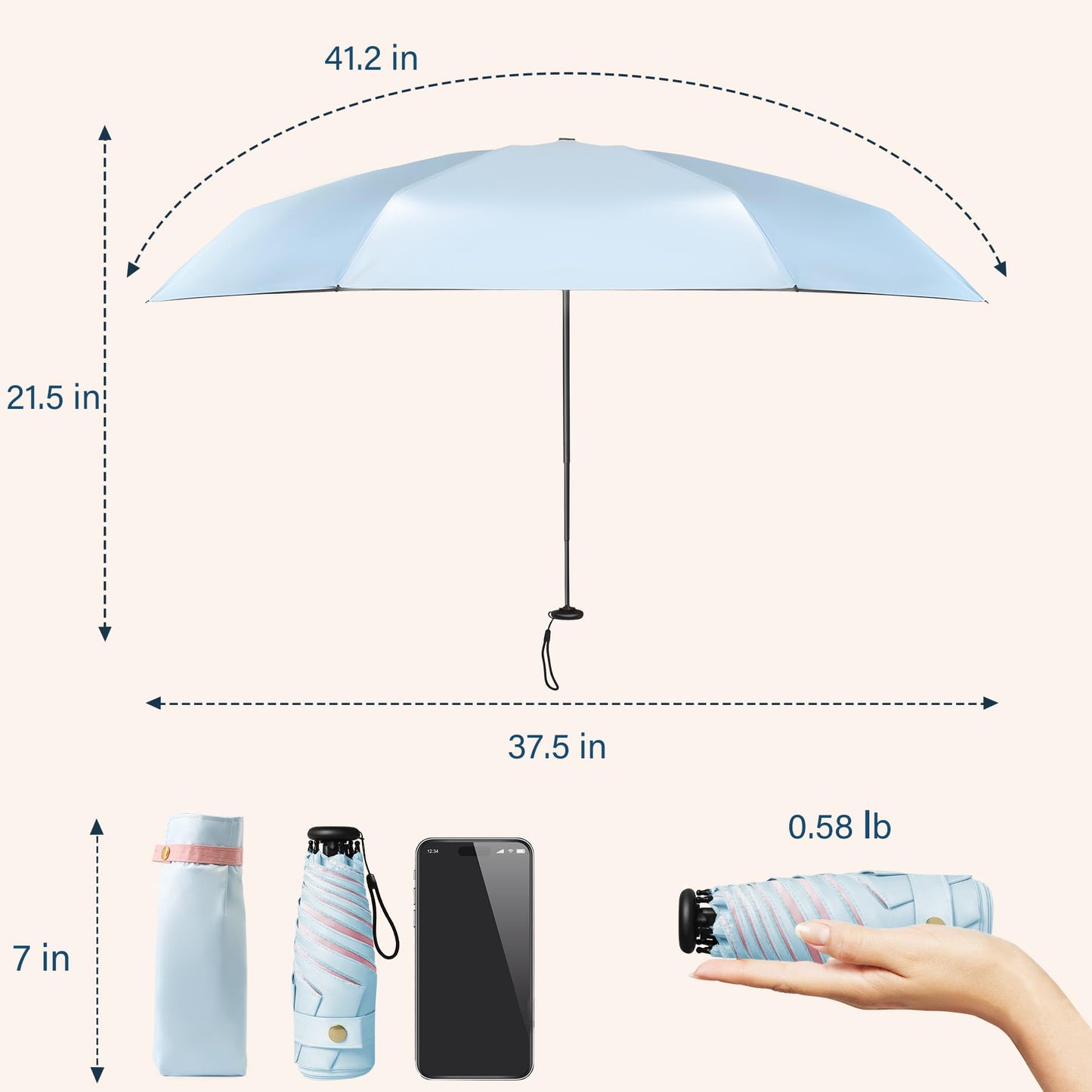 UV Blocker Mini Purse Travel Umbrella, Lightweight Portable Compact Pocket Umbrella with UPF50+ Protection & Windproof Design, Small Sun & Rain