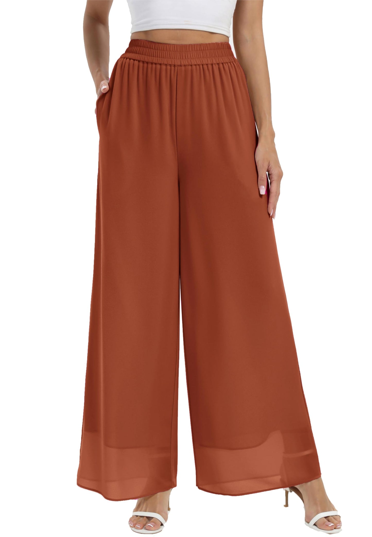 heipeiwa Women's Chiffon Dress Beach Wide Leg Palazzo Pants Elastic Waist Trouser