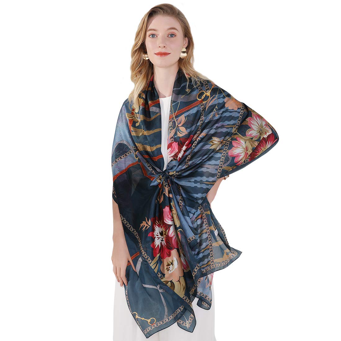 DANA XU 100% Mulberry Satin Silk Summer Travel Scarf Extra Large Women Floral Shawl Oversize Soft Wraps For Evening Dresses
