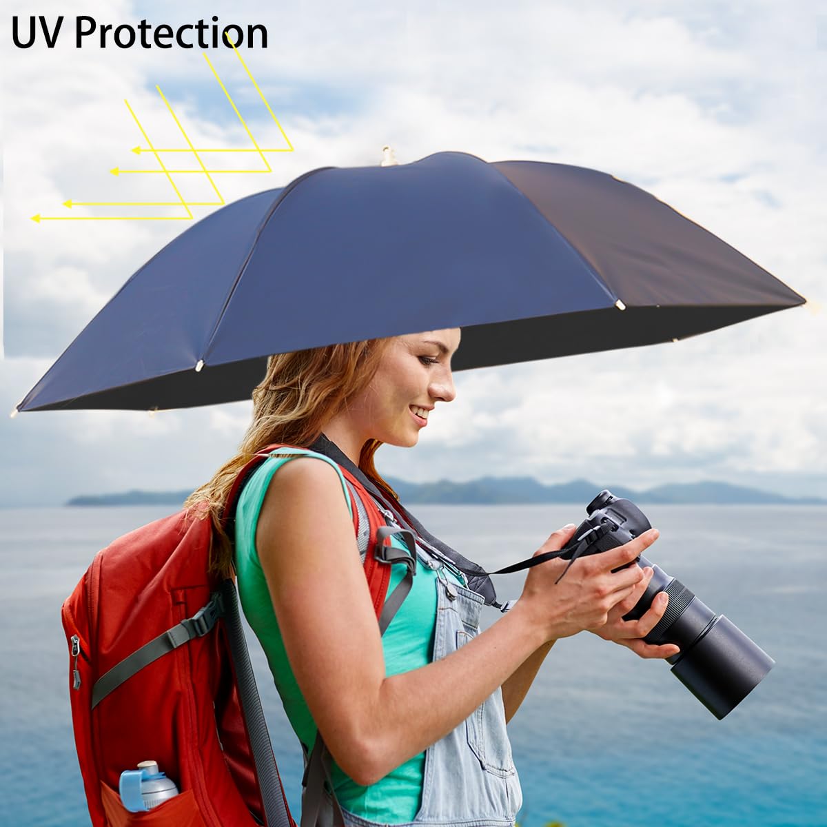 Umbrella Hat, 37 inch Fishing Umbrella Hat Hands Free Foldable UV Protection Umbrella Cap Adjustable Headwear for Fishing Golf Camping Beach Gardening Sunshade Outdoor