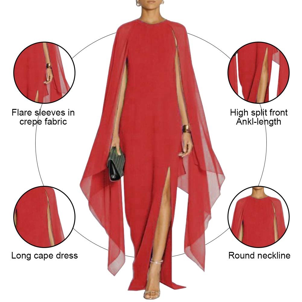 MAYFASEY Women's Elegant High Split Flare Sleeve Formal Evening Gowns Maxi Dress with Cape
