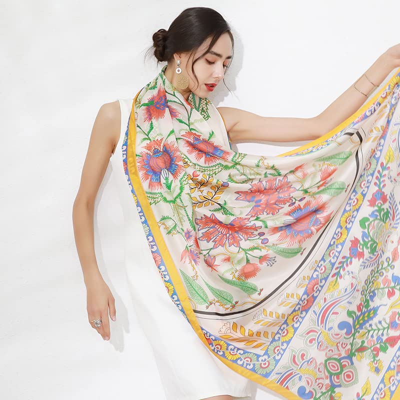 DANA XU 100% Mulberry Satin Silk Summer Travel Scarf Extra Large Women Floral Shawl Oversize Soft Wraps For Evening Dresses
