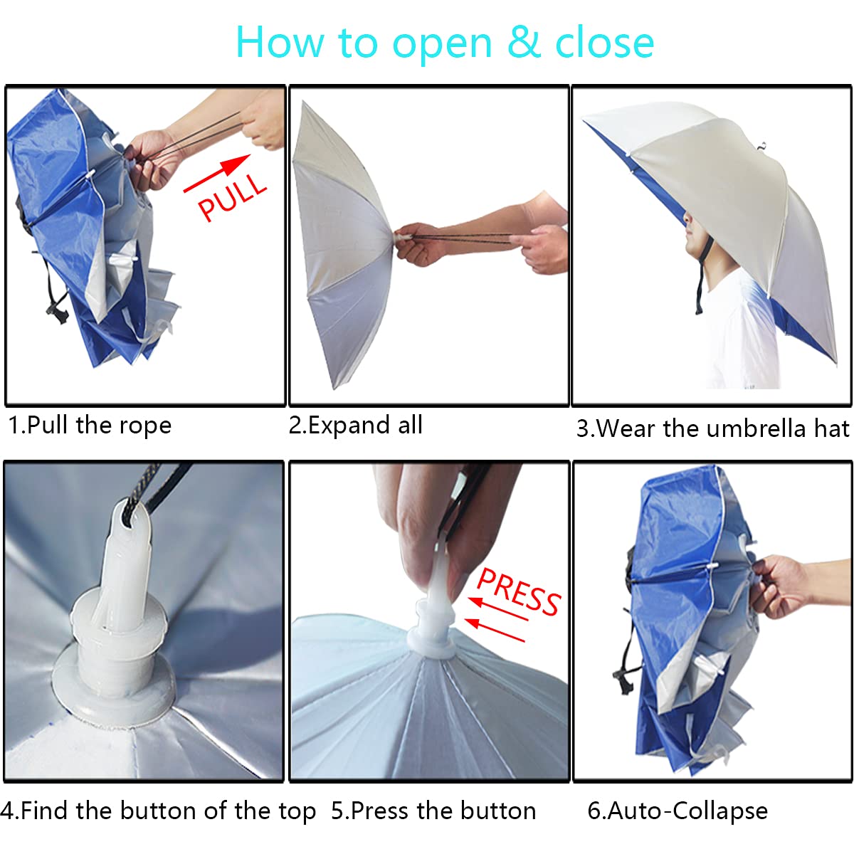 Umbrella Hat, 37 inch Fishing Umbrella Hat Hands Free Foldable UV Protection Umbrella Cap Adjustable Headwear for Fishing Golf Camping Beach Gardening Sunshade Outdoor
