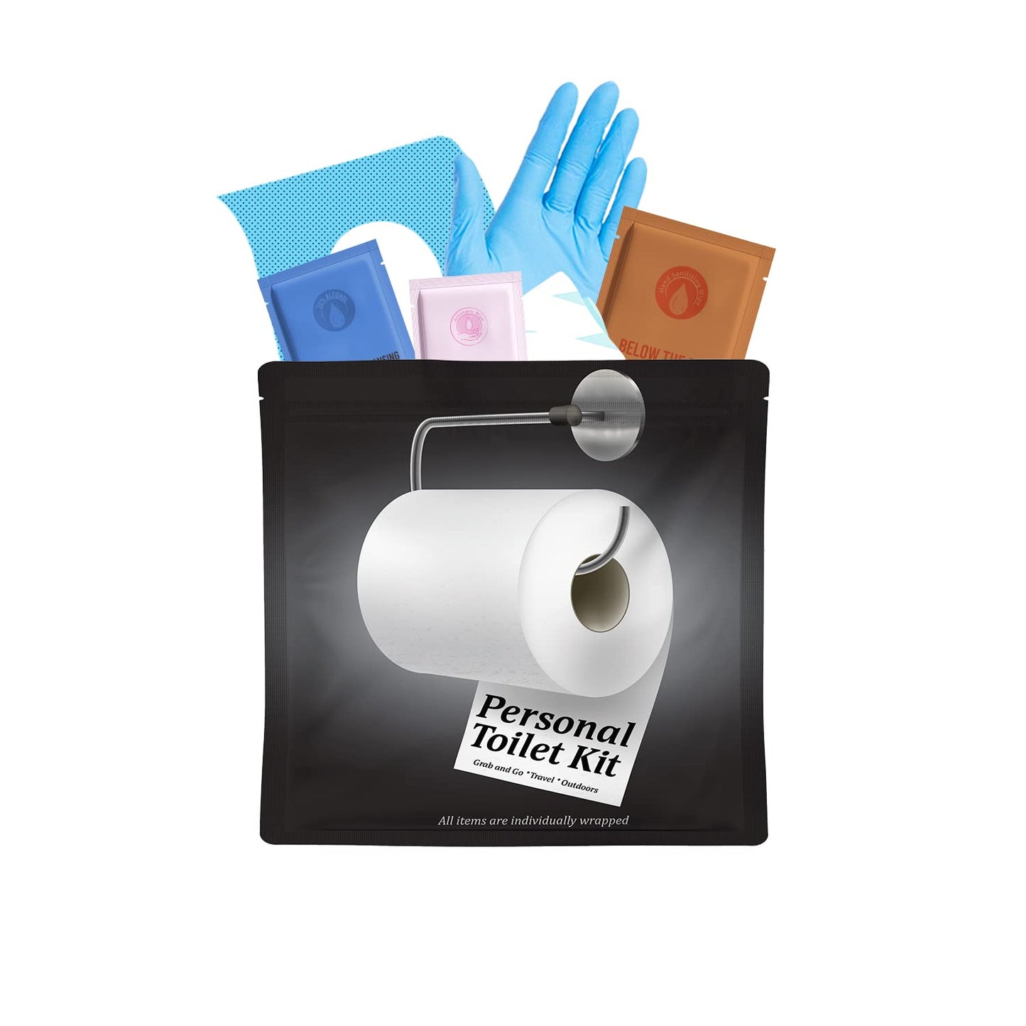 Personal Toilet Kit To Go – 10 Pack | Disposable Public Restroom Kit | Individually Wrapped for Toilet Protection Kit | Toilet Paper, Toilet Seat Cover, Butt Wipes, Cleansing Wipes (White)