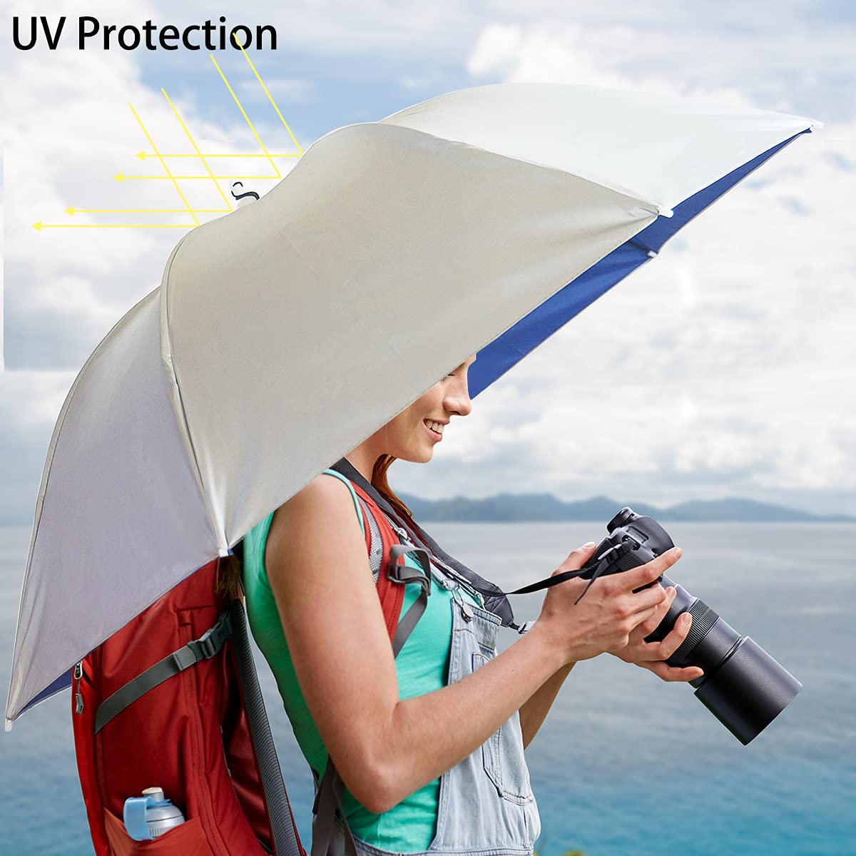 Umbrella Hat, 37 inch Fishing Umbrella Hat Hands Free Foldable UV Protection Umbrella Cap Adjustable Headwear for Fishing Golf Camping Beach Gardening Sunshade Outdoor