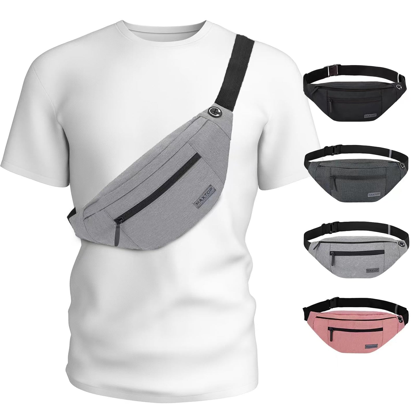 MAXTOP Large Crossbody Fanny Pack with 4-Zipper Pockets,Gifts for Enjoy Sports Festival Workout Traveling Running Casual Hands-Free Wallets Waist Pack Phone Bag Carrying All Phones