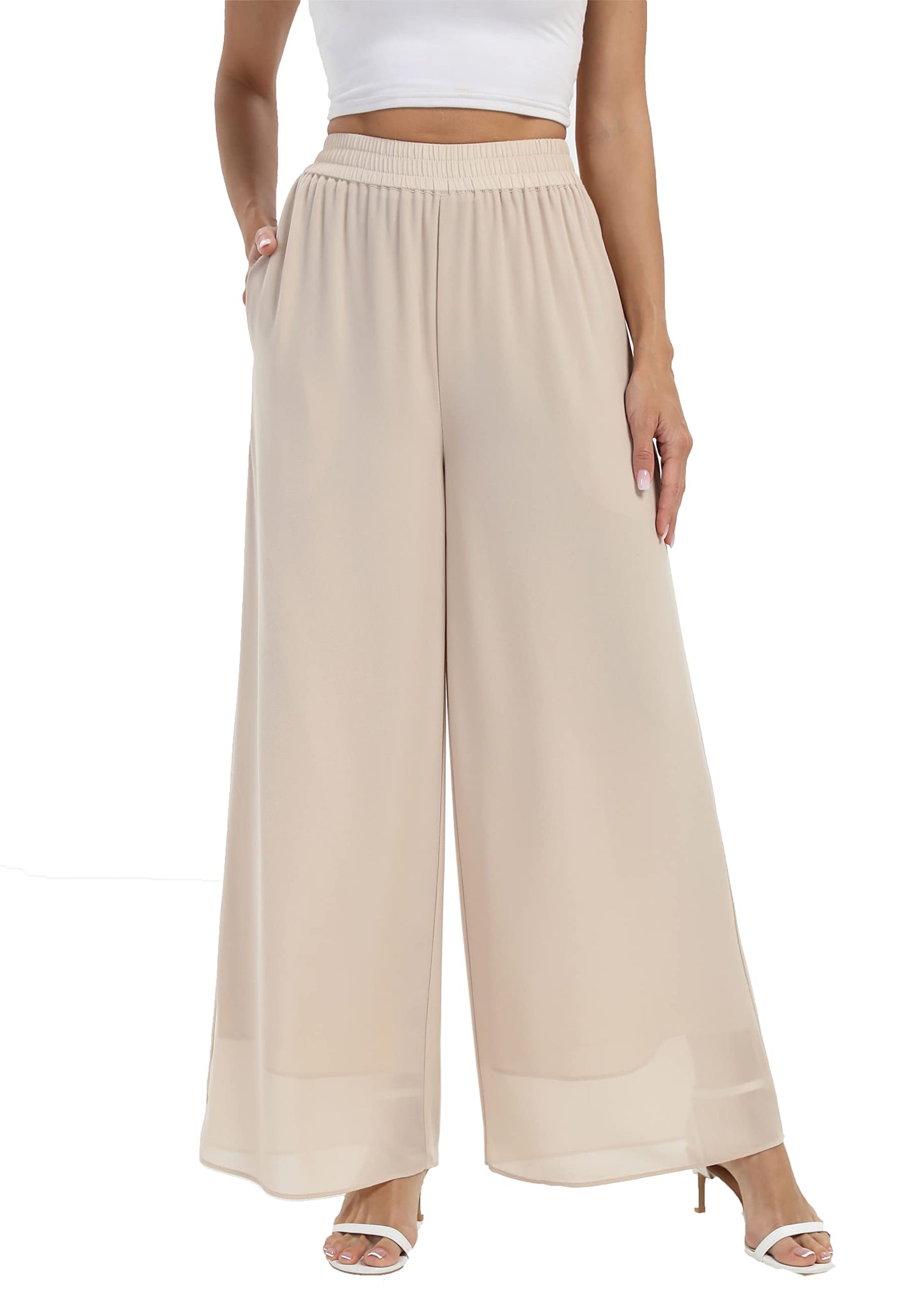heipeiwa Women's Chiffon Dress Beach Wide Leg Palazzo Pants Elastic Waist Trouser