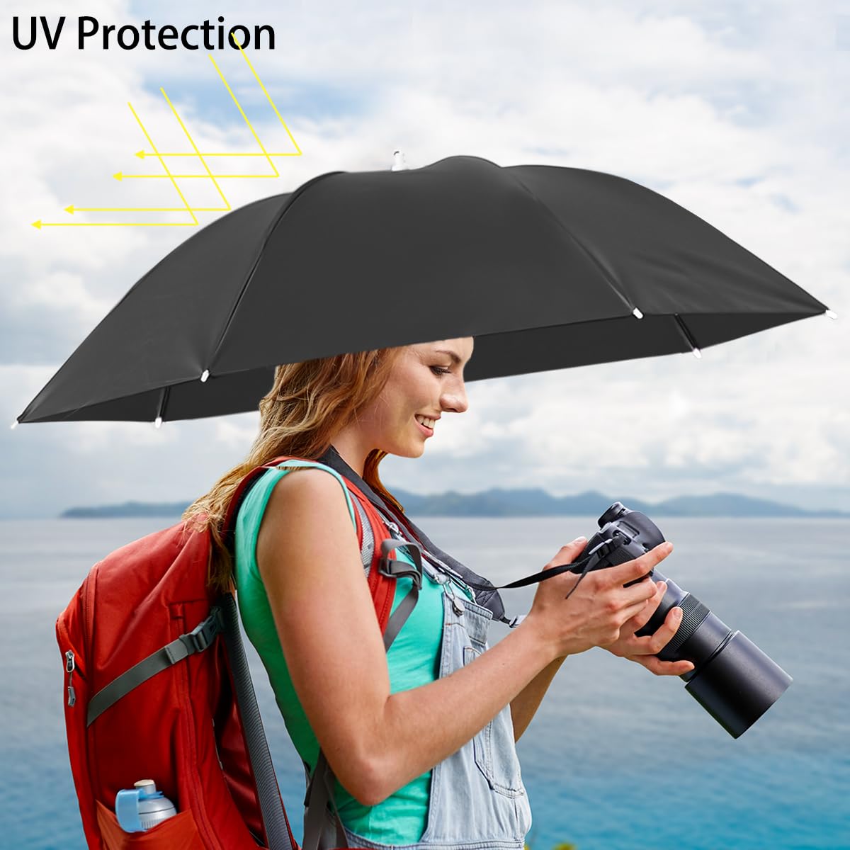 Umbrella Hat, 37 inch Fishing Umbrella Hat Hands Free Foldable UV Protection Umbrella Cap Adjustable Headwear for Fishing Golf Camping Beach Gardening Sunshade Outdoor