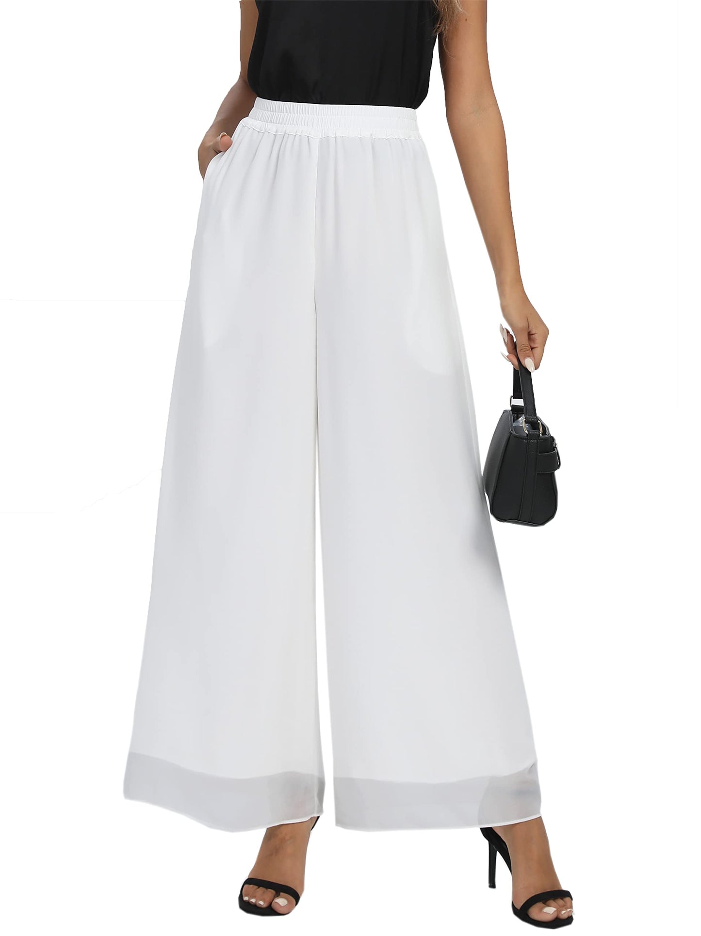heipeiwa Women's Chiffon Dress Beach Wide Leg Palazzo Pants Elastic Waist Trouser