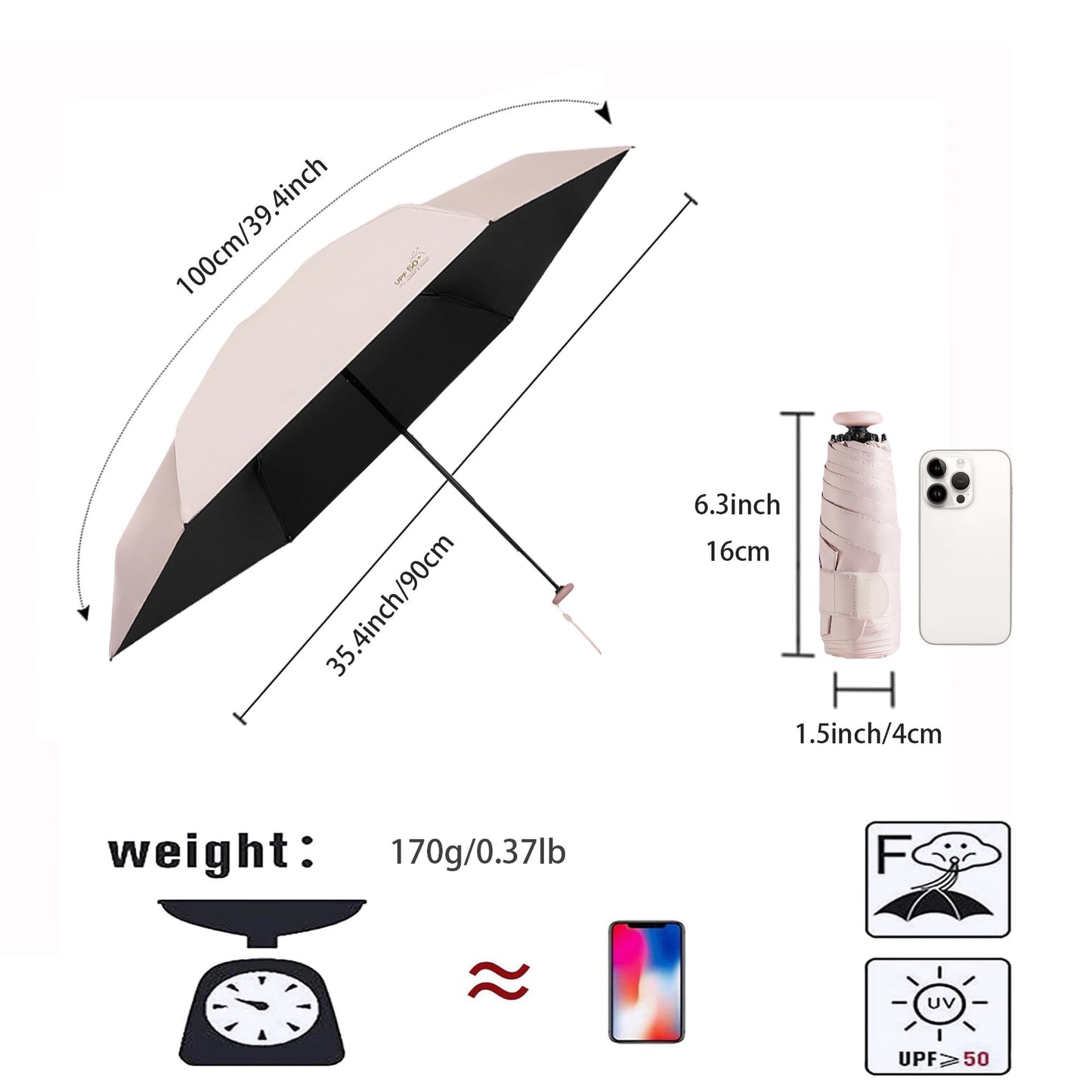 Mini Sun Travel UV Umbrella Anti UPF 50 Protection 99.9% Micro handle Coating Layer Fabric Compact/Lightweight Small Portable Backpack/Folding Purse Pocket Umbrella Rain/Blocking/Men Women Kids