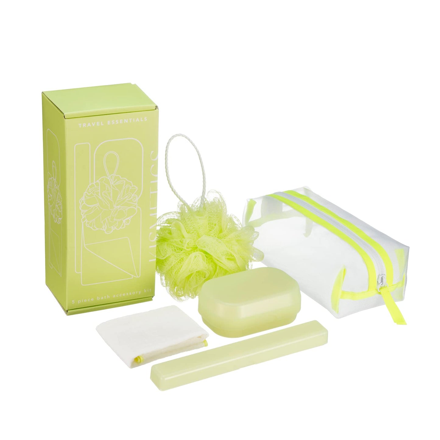 Travel Essentials 5 Piece Bath Accessory Kit, Bath Accessories with Toiletry Bag, Doop Kit (Lime)