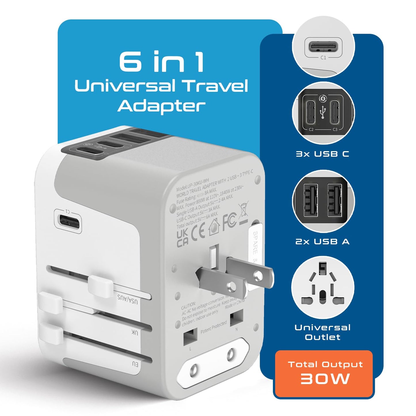 Ceptics Universal Travel Adapter Kit - 2 USB, USB-C Cord+2 US Outlets QC 3.0, Surge Protection, Plugs for Europe, UK, China, Australia, Japan - Perfect for Laptop, Cell Phones, Cameras,Safe ETL Tested