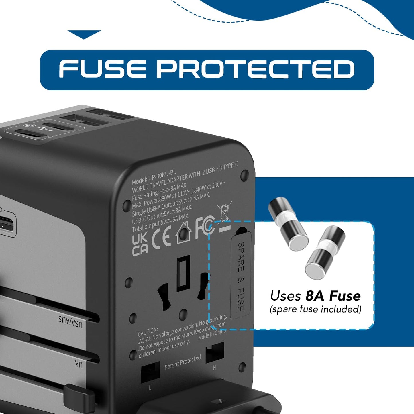 Ceptics Universal Travel Adapter Kit - 2 USB, USB-C Cord+2 US Outlets QC 3.0, Surge Protection, Plugs for Europe, UK, China, Australia, Japan - Perfect for Laptop, Cell Phones, Cameras,Safe ETL Tested