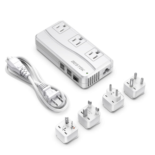 BESTEK Universal Travel Adapter 220V to 110V Voltage Converter with 6A 4-Port USB Charging and UK/AU/US/EU Worldwide Plug Adapter (White)